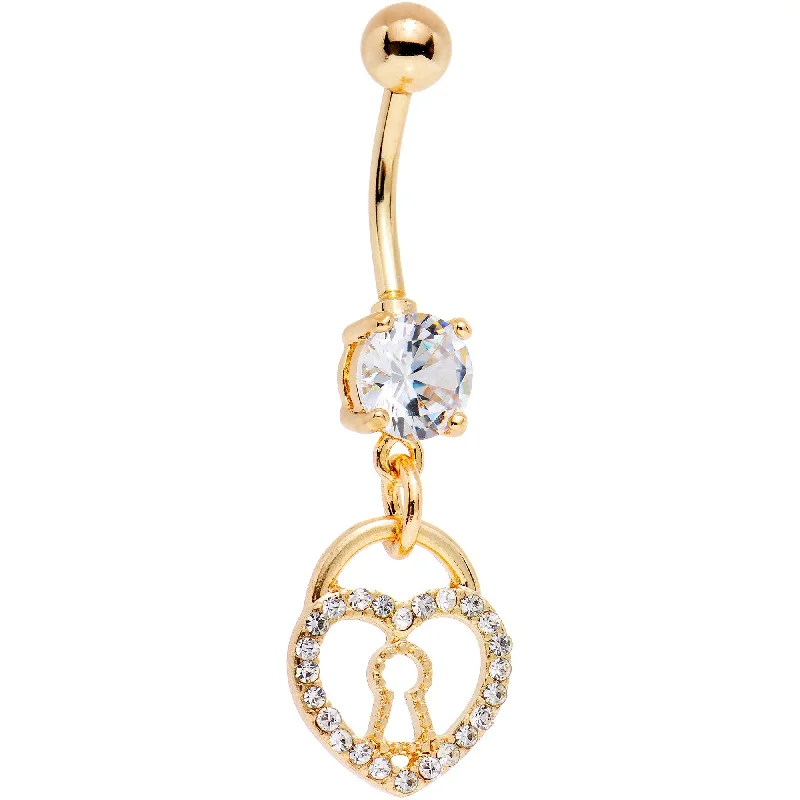 Trendy Belly Rings for Elegant Style -Clear Gem Gold PVD Keyhole Heart Pendant Dangle Belly Ring Trendy Belly Rings for Elegant Style -Clear Gem Gold PVD Keyhole Heart Pendant Dangle Belly Ring