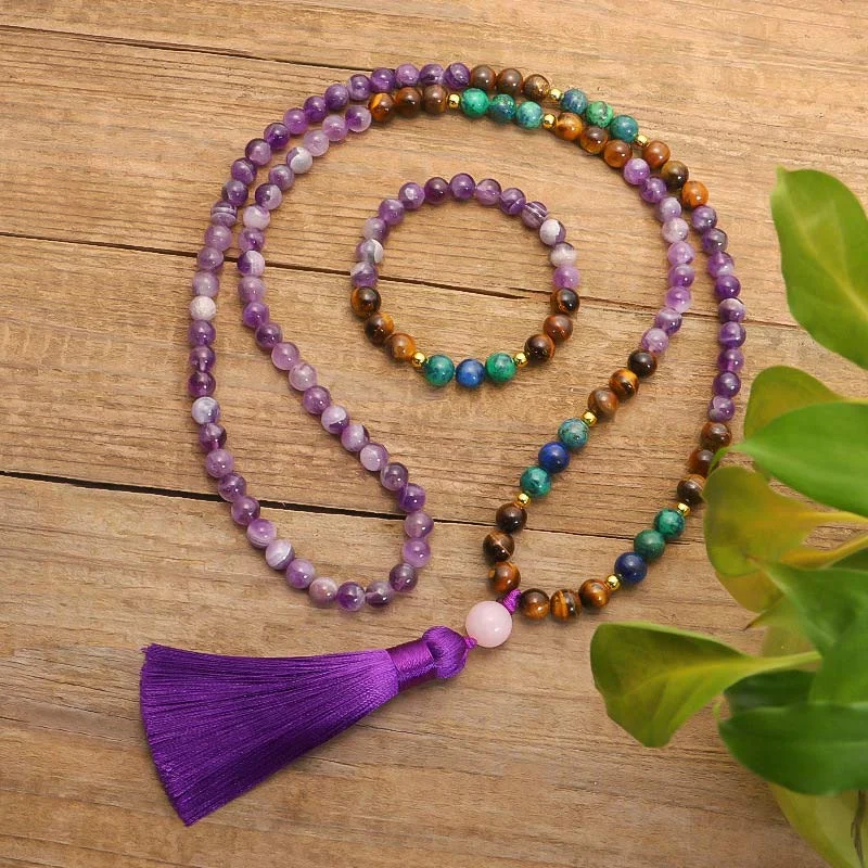 Men's Bracelets with Multi-Color Beads-Buddha Stones Tibetan Amethyst Purify Bracelet Mala Set
