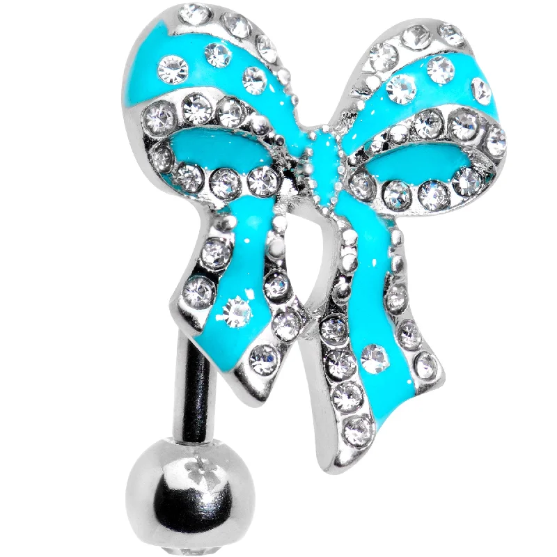 Trendy Belly Rings for Chic Fashion -Clear Gem Bedazzled Blue Bow Top Mount Belly Ring Trendy Belly Rings for Chic Fashion -Clear Gem Bedazzled Blue Bow Top Mount Belly Ring
