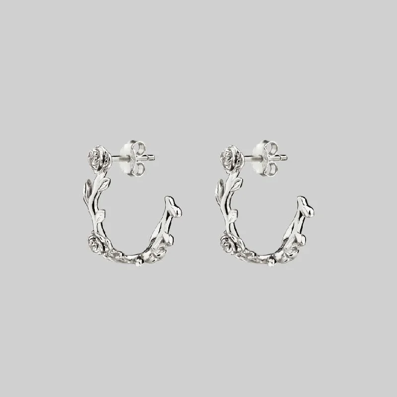 Women's Earrings – Elegant Designs for Every Personality--SARAH. Rose Foliage Hoops - Silver Women's Earrings – Elegant Designs for Every Personality--SARAH. Rose Foliage Hoops - Silver