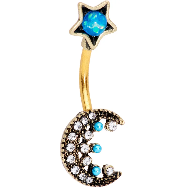 Trendy Belly Rings for Chic Fashion -Aqua Faux Opal Gold Tone Orb Crescent Moon Reversible Belly Ring Trendy Belly Rings for Chic Fashion -Aqua Faux Opal Gold Tone Orb Crescent Moon Reversible Belly Ring