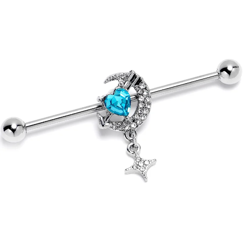 Women's Earrings – Elegant Designs for Every Personality--14 Gauge Blue Clear Gem Moon Lover Dangle Industrial Barbell 38mm