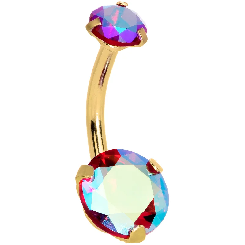 Trendy Belly Rings for Statement Fashion -Red CZ Gem Gold Tone Duo Internally Threaded Belly Ring Trendy Belly Rings for Statement Fashion -Red CZ Gem Gold Tone Duo Internally Threaded Belly Ring