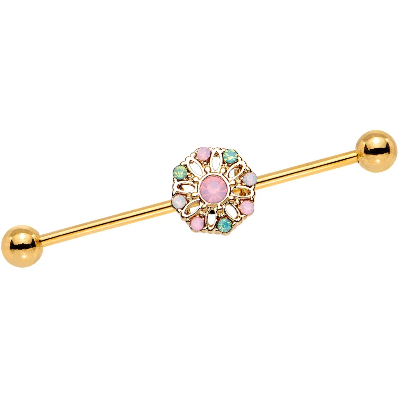 Women's Earrings – Elegant Designs for Every Personality--Pink Gem Gold IP Rounded Flower Industrial Barbell 38mm