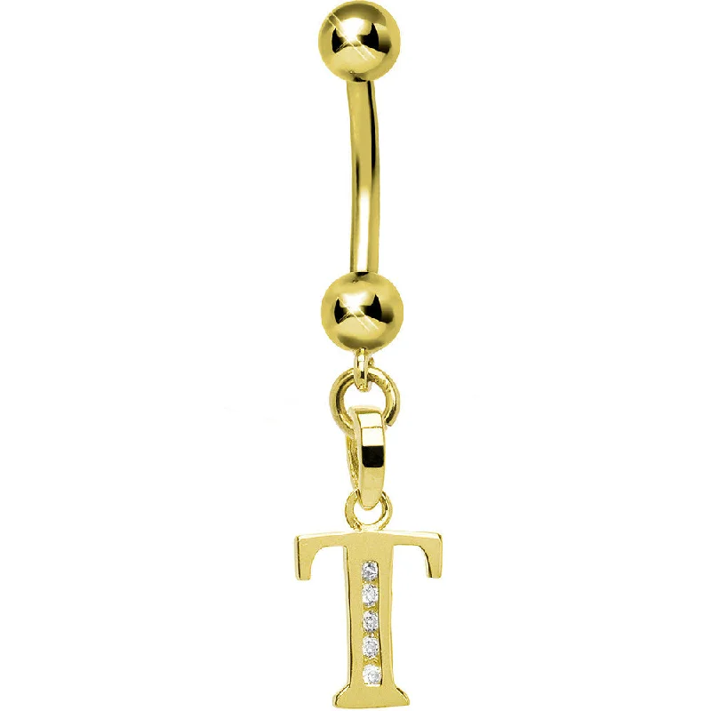 Belly Rings for Edgy Fashion -16 Gauge Solid 14kt Yellow Gold CZ Initial T Belly Ring Belly Rings for Edgy Fashion -16 Gauge Solid 14kt Yellow Gold CZ Initial T Belly Ring