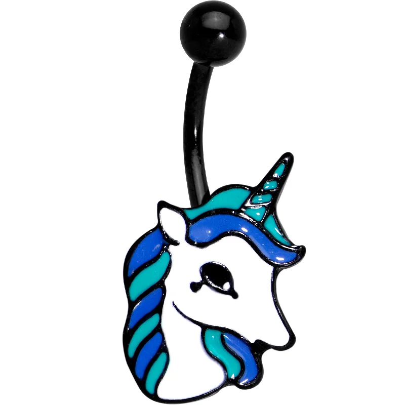 Trendy Belly Rings for Bold Style -Black Anodized Blue Teal Youthful Unicorn Belly Ring Trendy Belly Rings for Bold Style -Black Anodized Blue Teal Youthful Unicorn Belly Ring