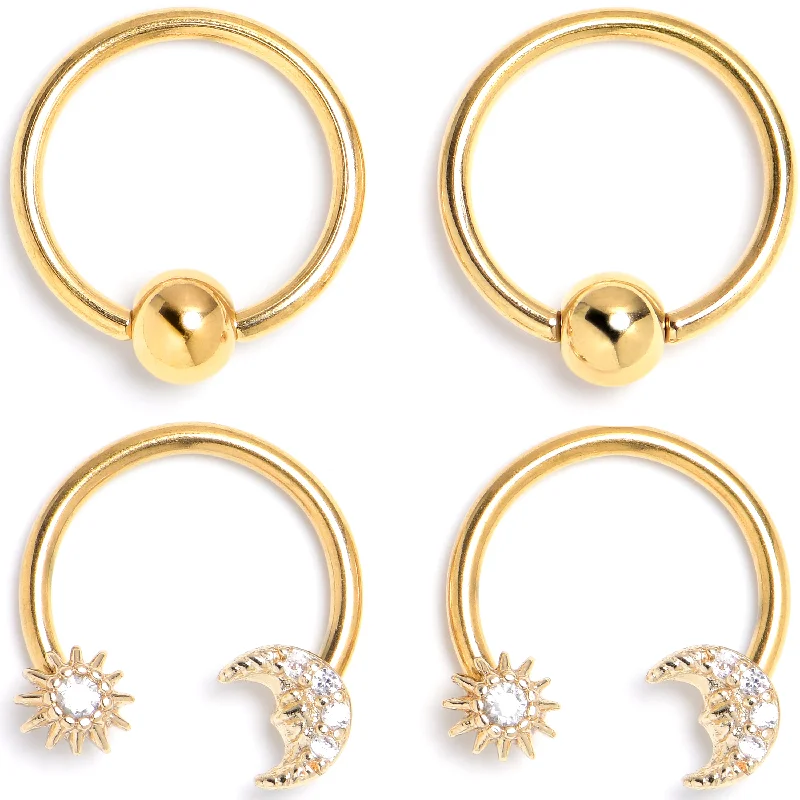 Comfortable Lip Rings for Modern Style16 Gauge 3/8 Clear Gem Gold Tone Moon Sun BCR Captive Horseshoe Set of 4