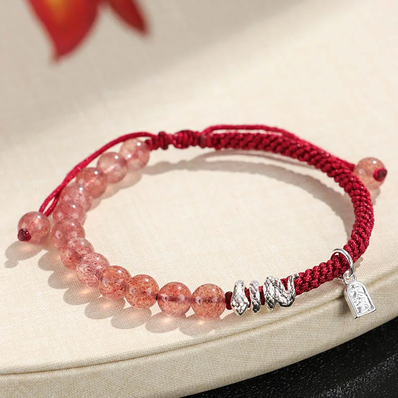 Men's Bracelets for Casual Wear-Buddha Stones Natural Strawberry Quartz Silver Sheen Obsidian Year of the Snake String Protection Braided Bracelet Men's Bracelets for Casual Wear-Buddha Stones Natural Strawberry Quartz Silver Sheen Obsidian Year of the Snake String Protection Braided Bracelet
