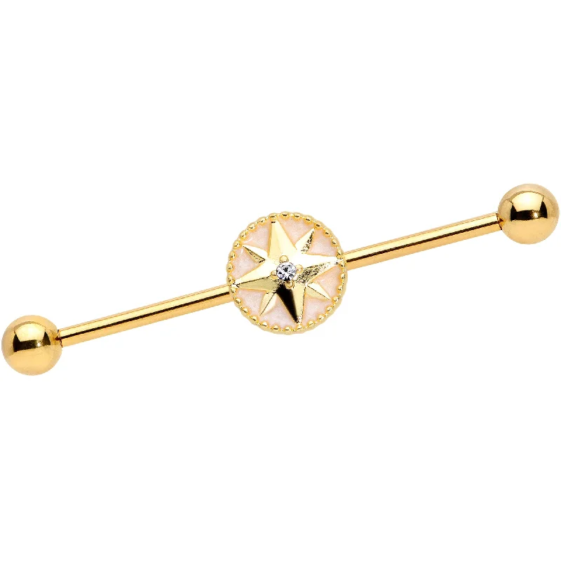 Women's Earrings – Elegant Designs for Every Personality--14 Gauge Clear Gem Gold Tone Sailors Compass Industrial Barbell 38mm