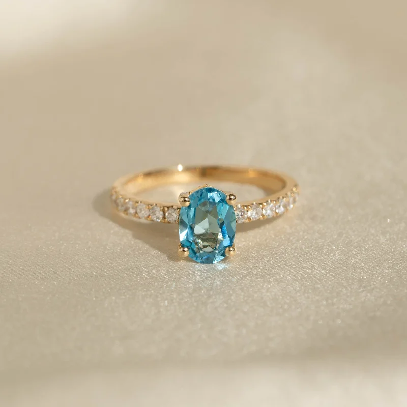 Chic Women's Rings for Fashion-Forward Looks-Oval Swiss Blue Topaz and Diamond Ring 14k Gold - Minette Chic Women's Rings for Fashion-Forward Looks-Oval Swiss Blue Topaz and Diamond Ring 14k Gold - Minette