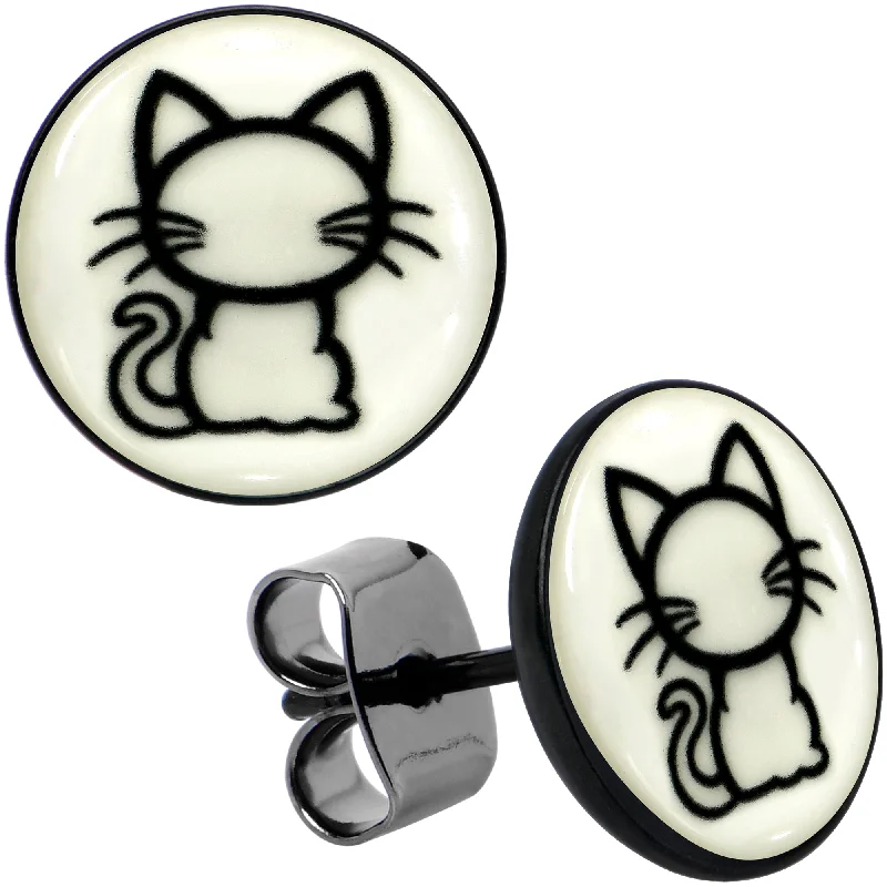 Women's Earrings – Elegant Designs for Every Personality--Black Anodized Kitty Cat Glow in the Dark Stud Earrings