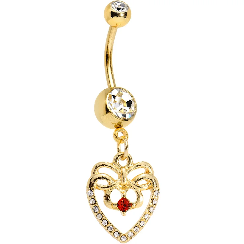 Belly Rings with Shiny Detailing for Stunning Look -Clear Red CZ Gem Gold Anodized Bow Heart Dangle Belly Ring Belly Rings with Shiny Detailing for Stunning Look -Clear Red CZ Gem Gold Anodized Bow Heart Dangle Belly Ring