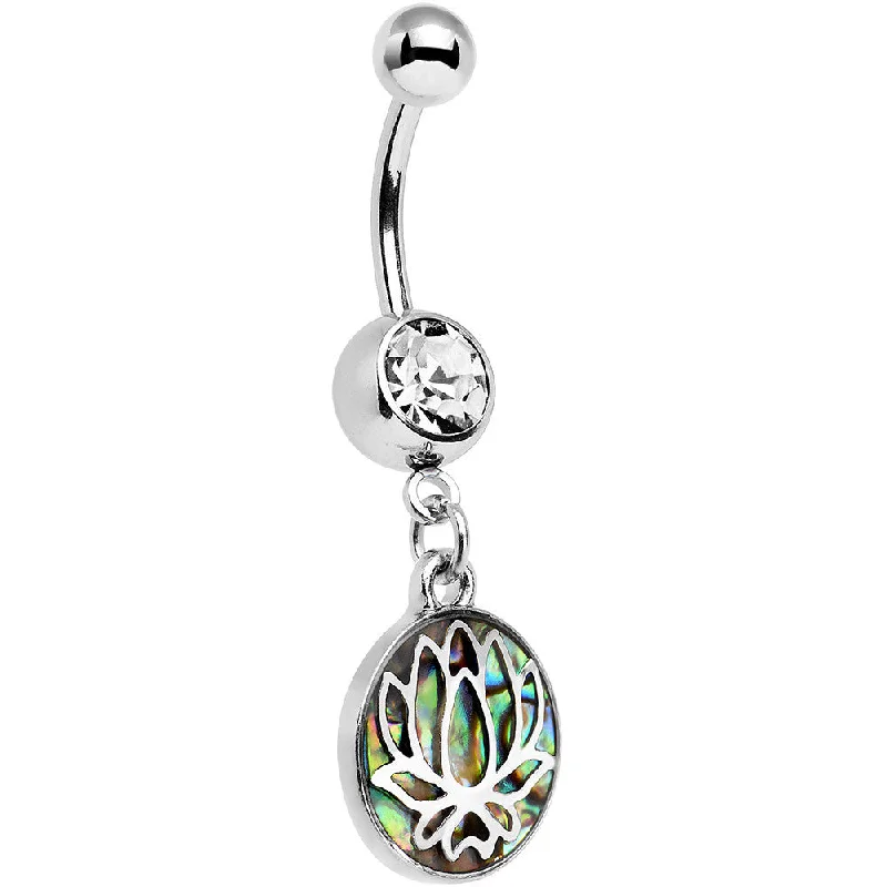 Unique Belly Rings with Bold Designs -Clear Gem Blue Green Abalone Shell Lotus Flower Dangle Belly Ring Unique Belly Rings with Bold Designs -Clear Gem Blue Green Abalone Shell Lotus Flower Dangle Belly Ring