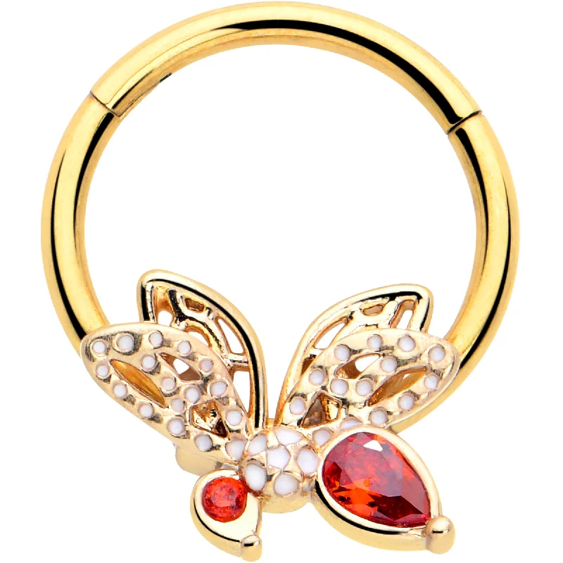 Nose Rings for Daytime Look -16 Gauge 3/8 Red CZ Gem Gold Tone Drama Butterfly Hinged Segment Ring