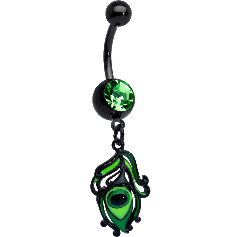 Stylish Belly Rings for Bold Statements -Green Gem Black Striking Peacock Feather Dangle Belly Ring Stylish Belly Rings for Bold Statements -Green Gem Black Striking Peacock Feather Dangle Belly Ring