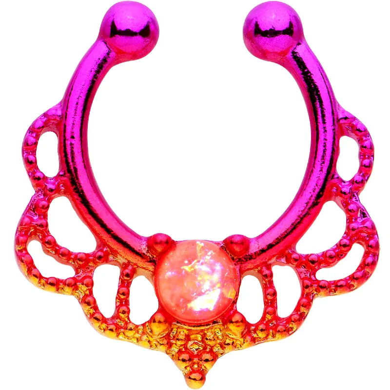 Nose Rings for Everyday Accessories -Pink Faux Opal Orange Pink Fade Filigree Clip On Fake Septum Nose Rings for Everyday Accessories -Pink Faux Opal Orange Pink Fade Filigree Clip On Fake Septum