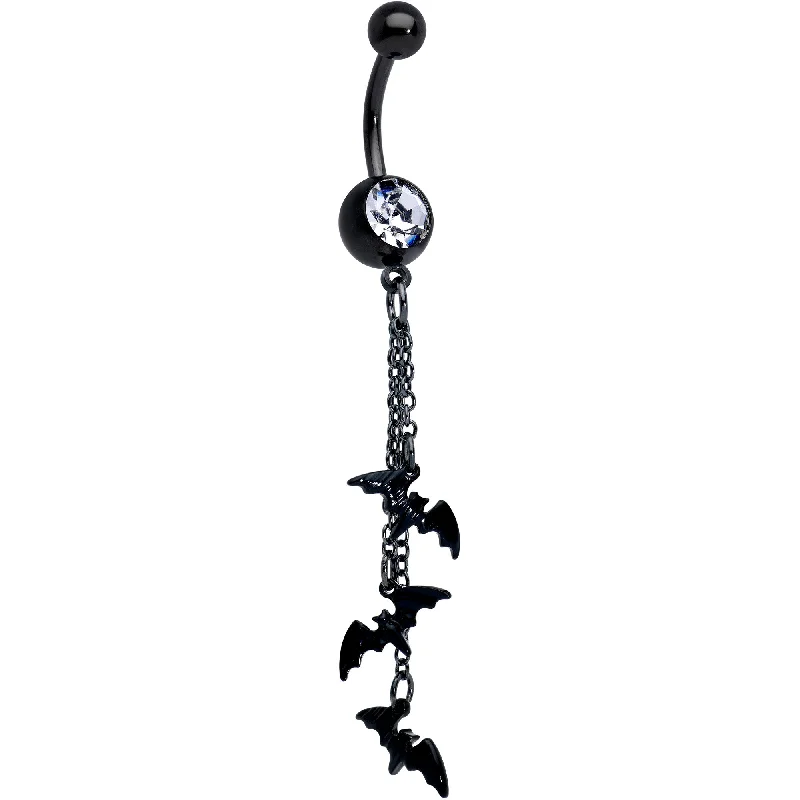 Trendy Belly Rings for Glamorous Looks -Clear Gem Black Gone Batty Halloween Dangle Belly Ring Trendy Belly Rings for Glamorous Looks -Clear Gem Black Gone Batty Halloween Dangle Belly Ring