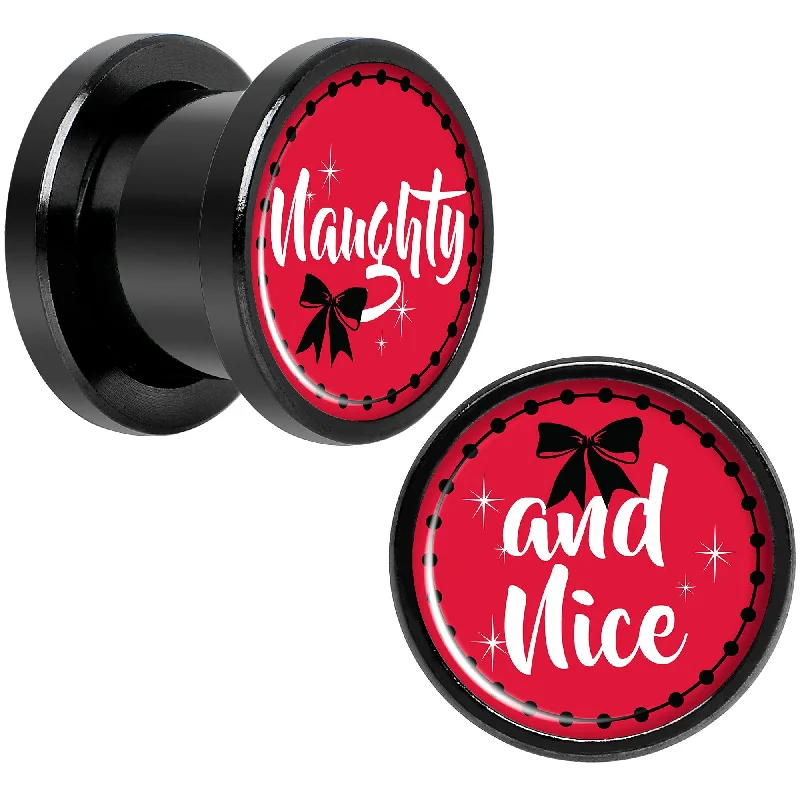 Women's Earrings – Elegant Designs for Every Personality--Red Holiday Naughtyy and Nice Black Screw Fit Plug Set Sizes 6mm to 20mm