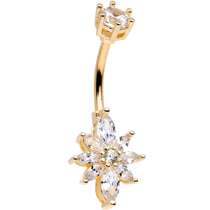 Bold Belly Rings for Statement Fashion -Clear Gem Gold Tone Plated Flower Double Mount Belly Ring Bold Belly Rings for Statement Fashion -Clear Gem Gold Tone Plated Flower Double Mount Belly Ring