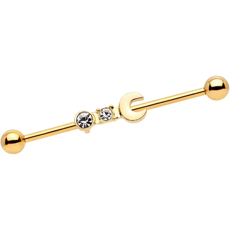 Women's Earrings – Elegant Designs for Every Personality--14 Gauge Clear Gem Gold Tone Crescent Wrench Industrial Barbell 38mm