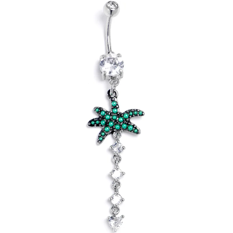 Trendy Belly Rings with Bold Details -Clear CZ Gem Palm Tree Love Dangle Belly Ring