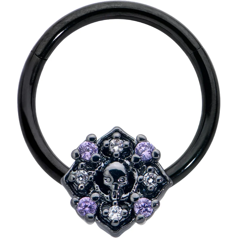 Stylish Designer Nose Rings -16 Gauge 3/8 Purple Gem Black Skull Circle Hinged Segment Ring