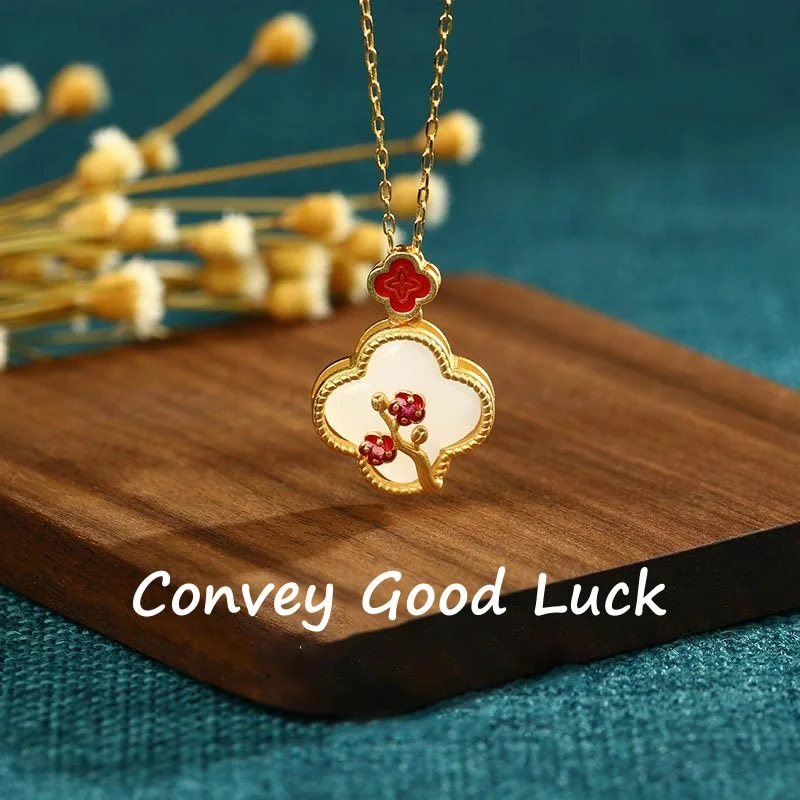 Women's Earrings – Elegant Designs for Every Personality--Buddha Stones 24K Gold Plated White Jade Four Leaf Clover Plum Blossom Luck Necklace Pendant Earrings