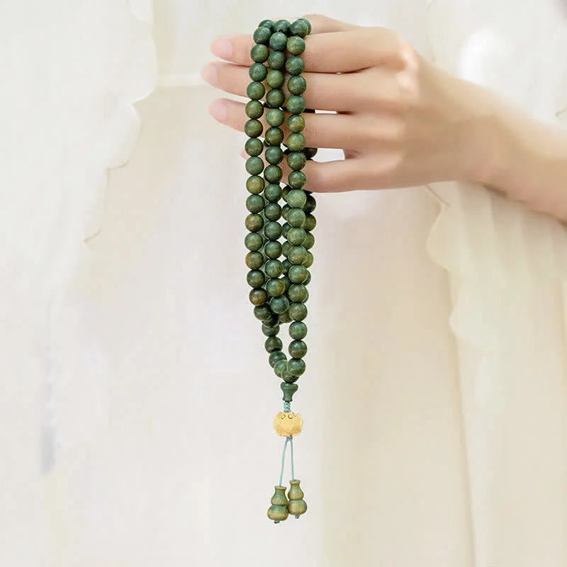 Silver Chain Bracelets for Men-Buddha Stones 108 Mala Beads Green Sandalwood Boxwood Lotus Positive Bracelet