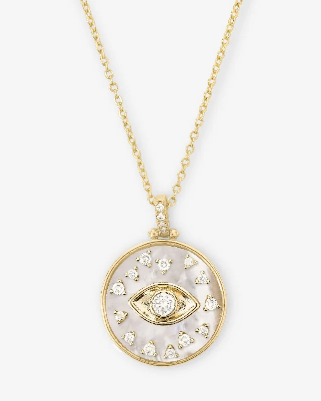 Shop Classic Women's  Necklaces & Pendants with a Modern Twist-Evil Eye Medallion Necklace - Gold|White Diamondettes