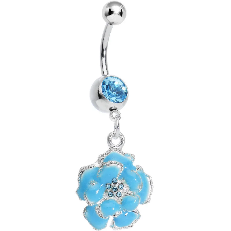 Comfortable Belly Rings for Smooth Feel -Aqua Gem Posy Flower Dangle Belly Ring