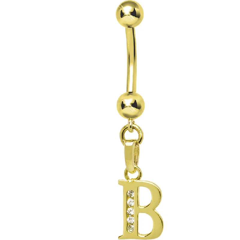 Sparkling Belly Rings for Extra Glamour -16 Gauge Solid 14kt Yellow Gold CZ Initial B Belly Ring Sparkling Belly Rings for Extra Glamour -16 Gauge Solid 14kt Yellow Gold CZ Initial B Belly Ring