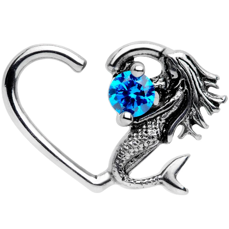 Women's Earrings – Elegant Designs for Every Personality--16 Gauge 3/8 Blue CZ Gem Mermaid Treasure Left Heart Closure Ring