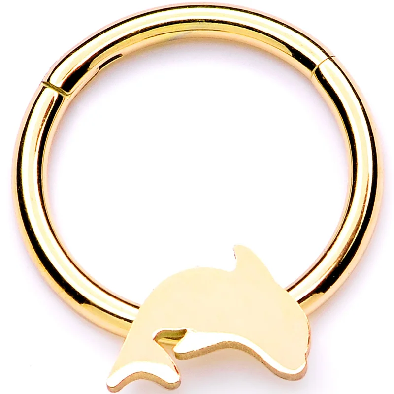 Designer Lip Rings for Bold Fashion Statements16 Gauge 3/8 Gold Tone Leaping Dolphin Hinged Segment Ring