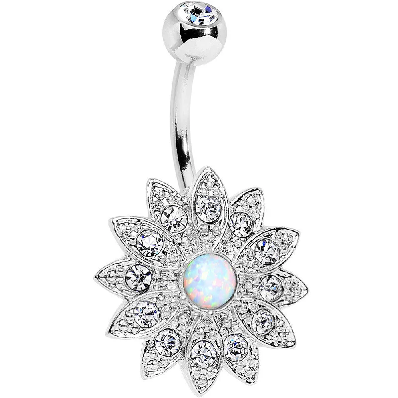 Belly Rings for Trendy Piercing Styles -White Faux Opal Clear Gem Steel Fancy Sparkle Flower Belly Ring Belly Rings for Trendy Piercing Styles -White Faux Opal Clear Gem Steel Fancy Sparkle Flower Belly Ring