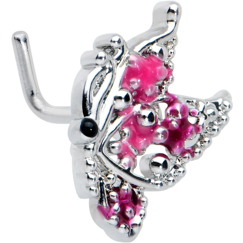 Colored Nose Rings -20 Gauge 7mm Textured in Pink Butterfly L Shape Nose Ring