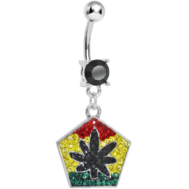 Trendy Belly Rings for Bold Fashionistas -Black Gem Paved Pentagon Rasta Flag Pot Leaf Dangle Belly Ring Trendy Belly Rings for Bold Fashionistas -Black Gem Paved Pentagon Rasta Flag Pot Leaf Dangle Belly Ring