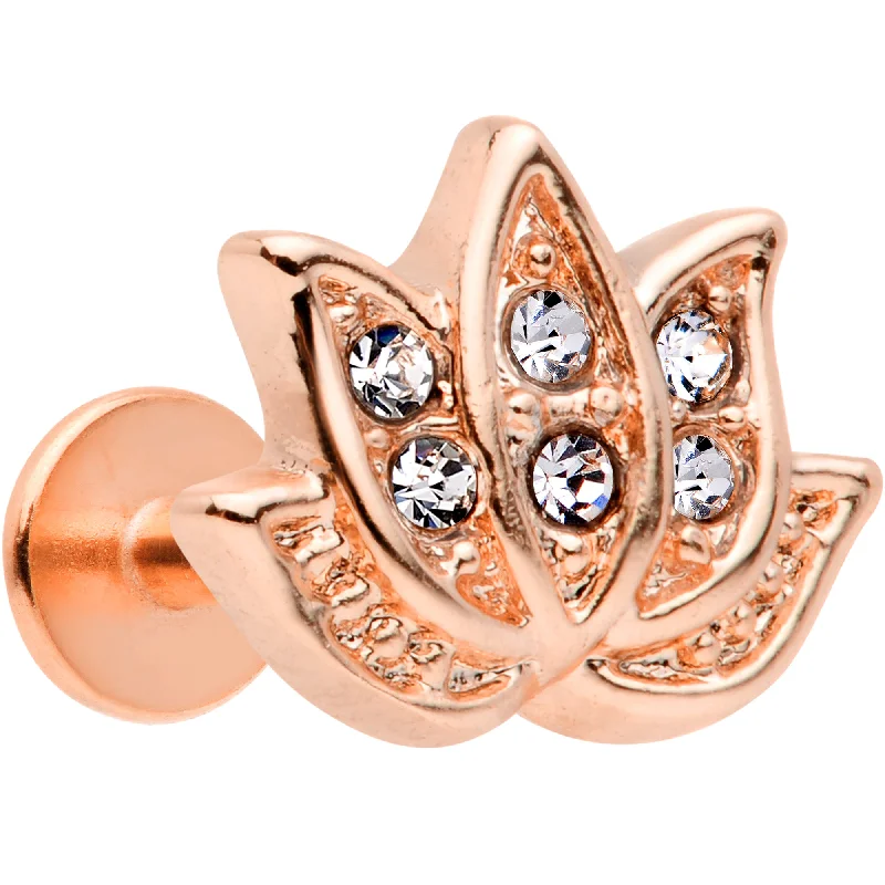 Beautiful Lip Rings with Artistic Design16 Gauge 5/16 Clear Gem Rose Gold Tone Lotus Labret Monroe Tragus