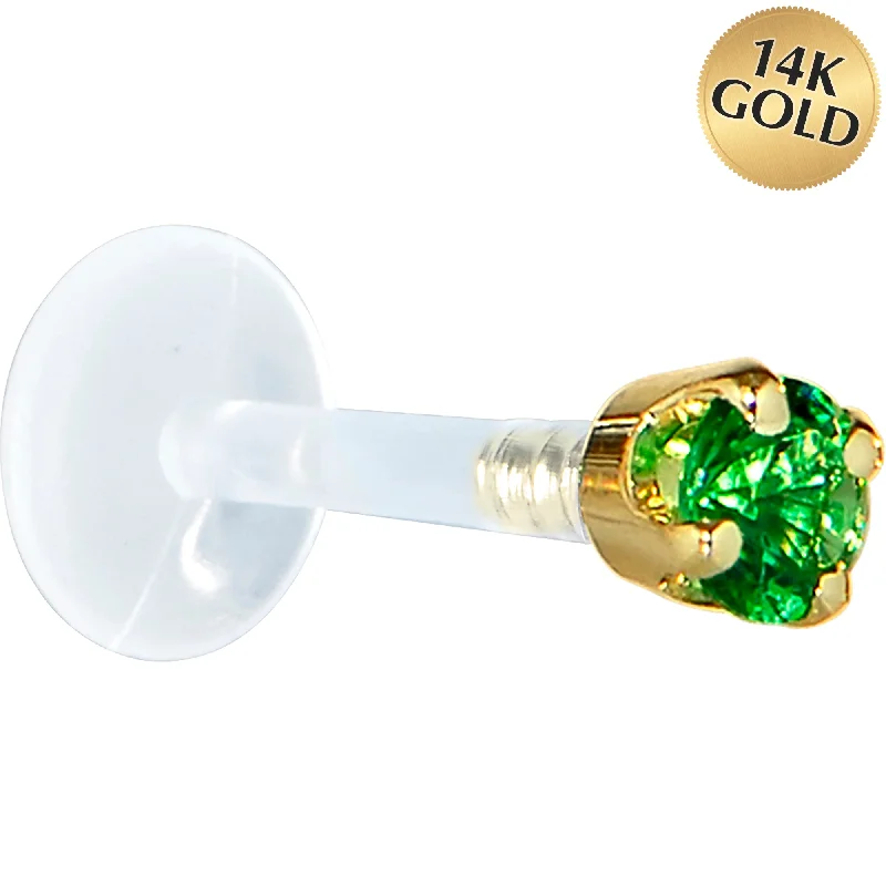 Women's Earrings – Elegant Designs for Every Personality--16 Gauge 5/16 Solid 14KT Yellow Gold 3mm Green Cubic Zirconia Bioplast Tragus Earring Stud