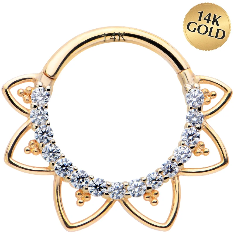 Trendy and Comfortable Nose Rings for Women -16 Gauge 3/8 Clear CZ Gem 14kt Yellow Gold Filigree Hinged Segment Ring Trendy and Comfortable Nose Rings for Women -16 Gauge 3/8 Clear CZ Gem 14kt Yellow Gold Filigree Hinged Segment Ring