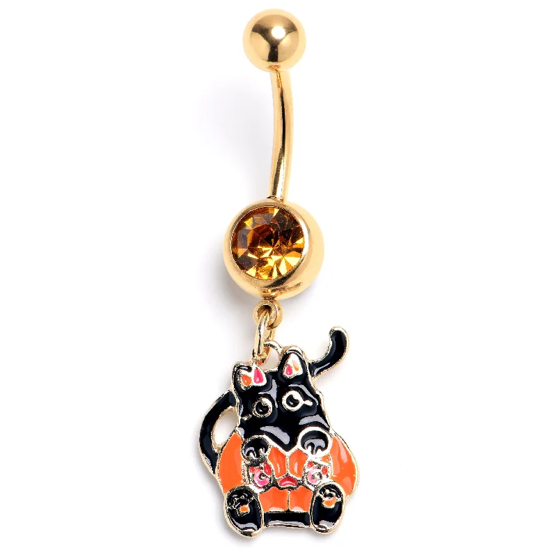 Belly Rings with Designer Finish for Exclusive Looks -Yellow Gem Gold Tone Black Cat Pumpkin Suit Belly Ring Belly Rings with Designer Finish for Exclusive Looks -Yellow Gem Gold Tone Black Cat Pumpkin Suit Belly Ring
