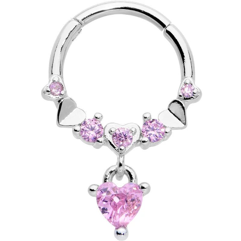 Women's Earrings – Elegant Designs for Every Personality--16 Gauge 3/8 Pink CZ Gem Love Heart Dangle Hinged Segment Ring