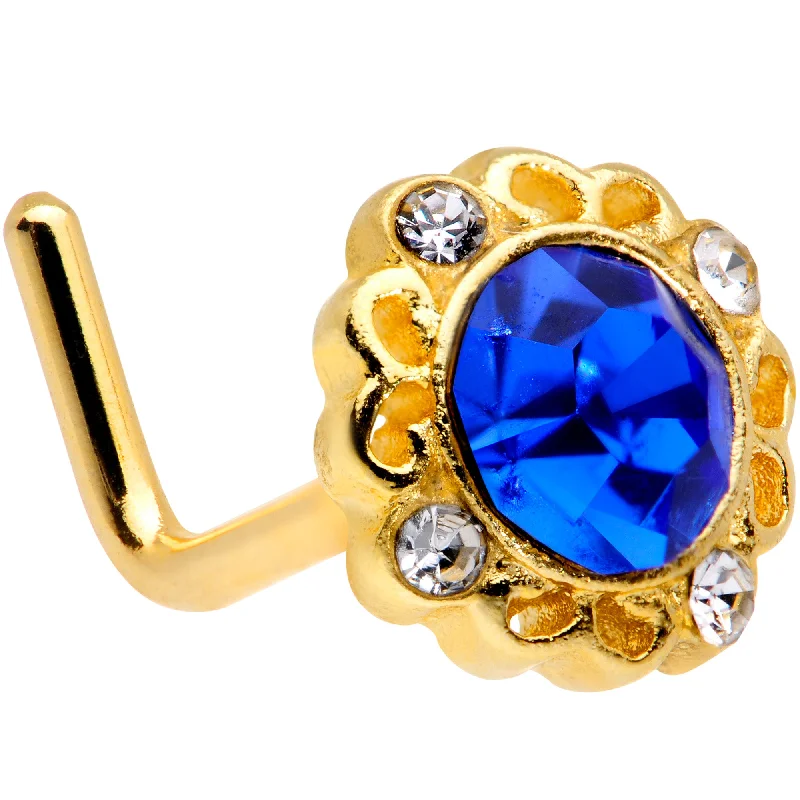 Nose Rings with Luxurious Appeal -18 Gauge 5/16 Clear Blue Gem Gold Tone Regal L Shaped Nose Ring