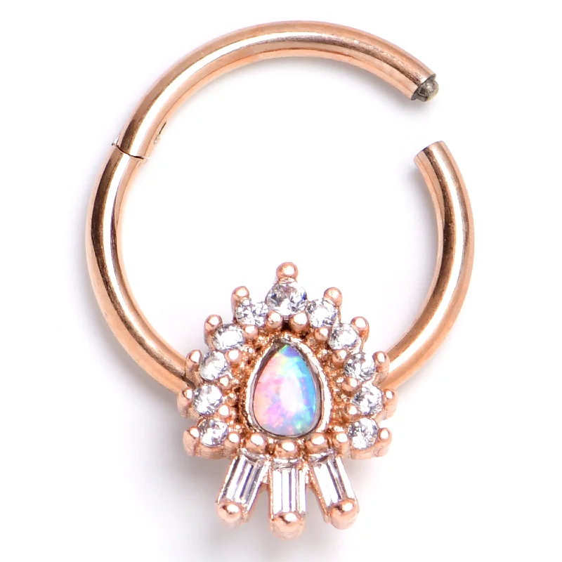Nose Rings for Timeless Fashion -16 Gauge 3/8 White Synthetic Opal Rose Gold Tone Swank Hinged Segment Ring