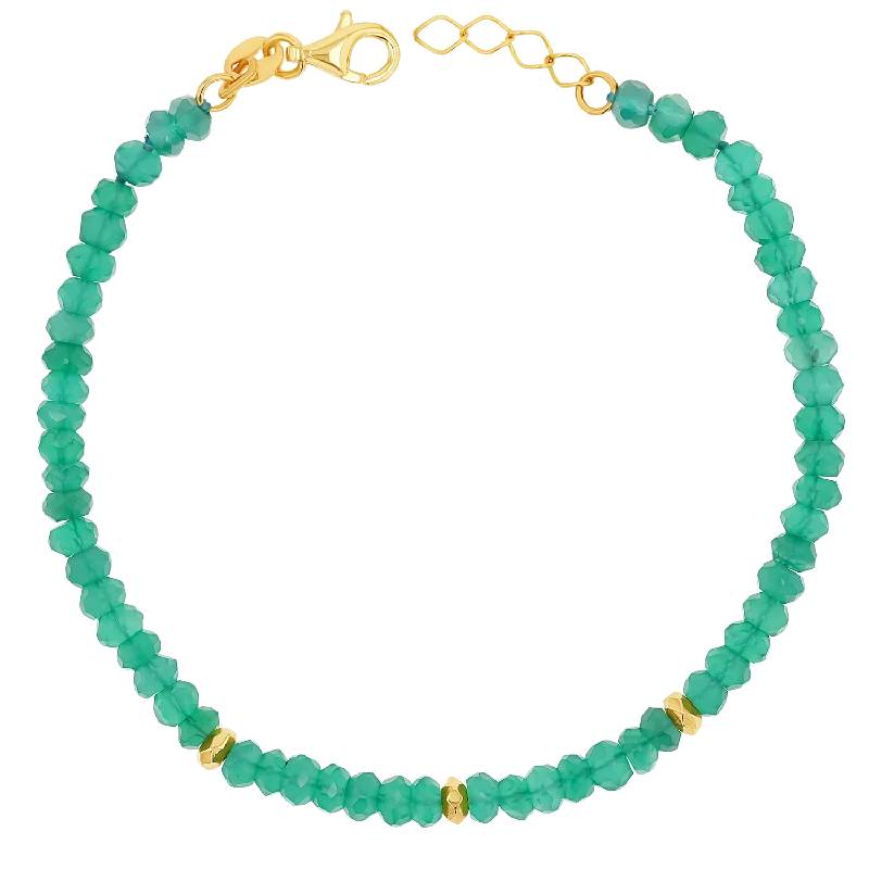 Men's Engraved Charm Bracelets-Green Onyx Gold Bead Bracelet