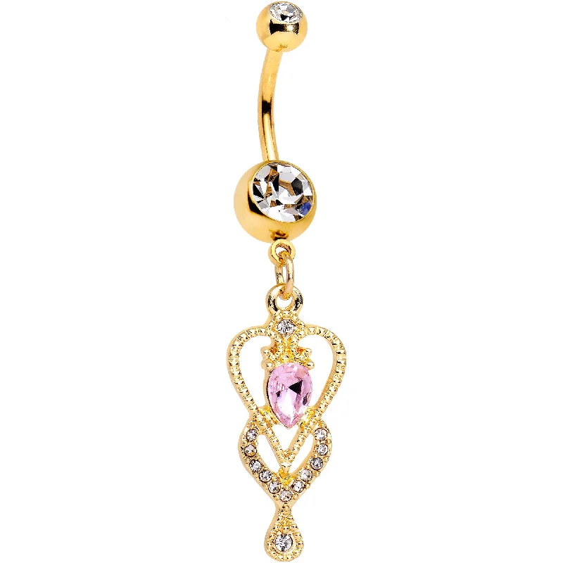 Belly Rings for Fashionistas -Clear Pink Gem Gold Tone Anodized Double Deco Heart Dangle Belly Ring Belly Rings for Fashionistas -Clear Pink Gem Gold Tone Anodized Double Deco Heart Dangle Belly Ring