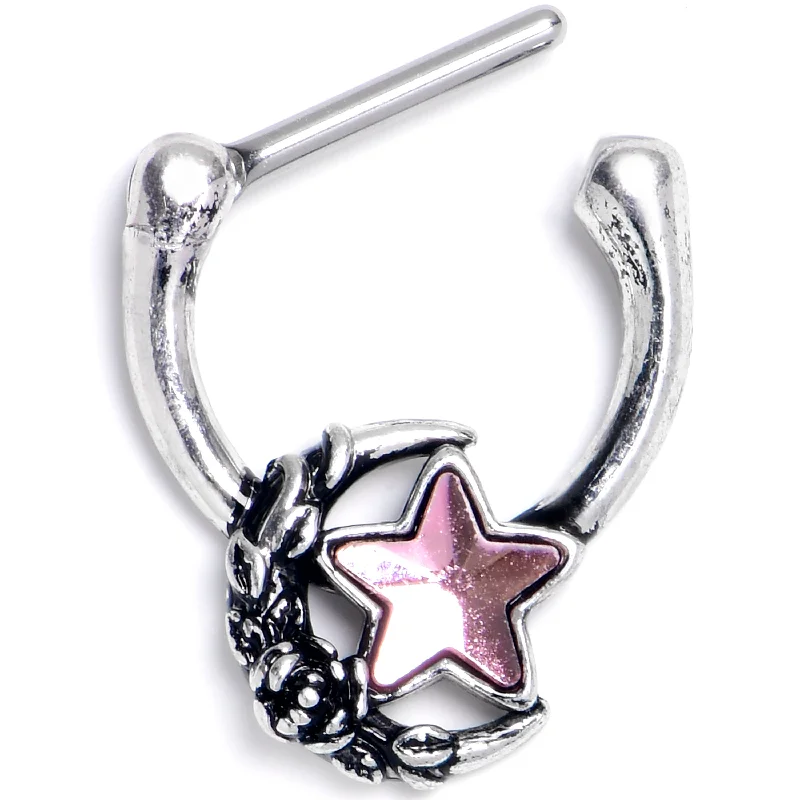 Women's Earrings – Elegant Designs for Every Personality--16 Gauge 5/16 Pink Gem Ornate Moon Star Cartilage Clicker