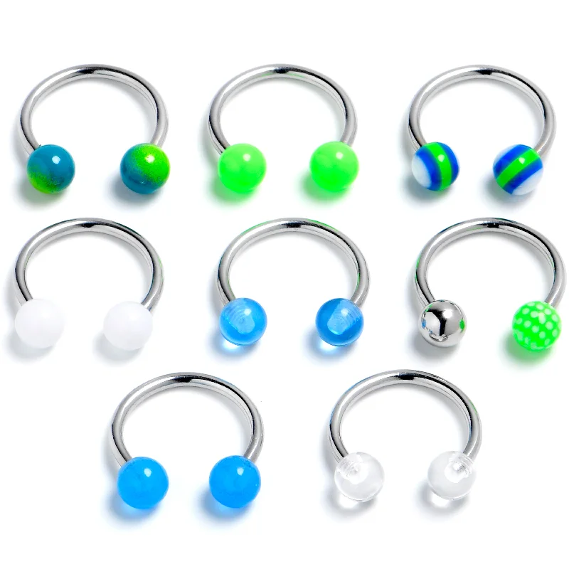 Durable Lip Rings with Classic Design16 Gauge 3/8 Blue White Green Horseshoe Circular Barbell Set of 8