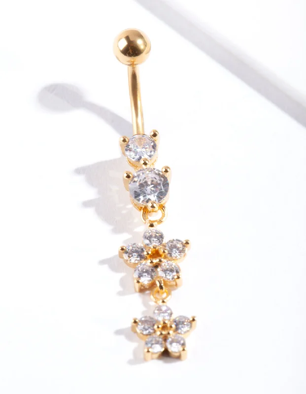 Beautiful Belly Rings for Everyday Glam -Gold Surgical Steel Statement Flower Drop Belly Bar Beautiful Belly Rings for Everyday Glam -Gold Surgical Steel Statement Flower Drop Belly Bar