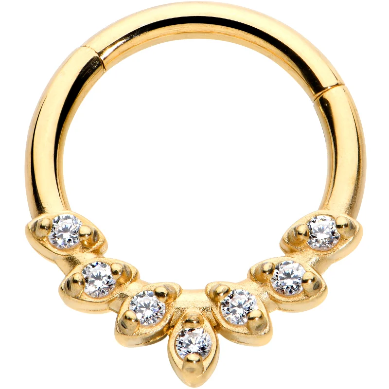 Nose Rings with Flowers -16 Gauge 5/16 Clear CZ Gem Gold Tone Seven Leaf Hinged Segment Ring Nose Rings with Flowers -16 Gauge 5/16 Clear CZ Gem Gold Tone Seven Leaf Hinged Segment Ring