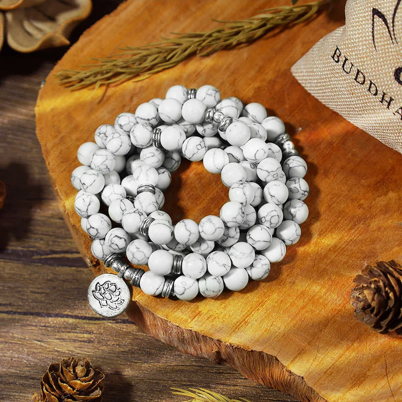 Men's Friendship Bracelets-Buddha Stones White Turquoise Lotus Mala Healing Bracelet Men's Friendship Bracelets-Buddha Stones White Turquoise Lotus Mala Healing Bracelet